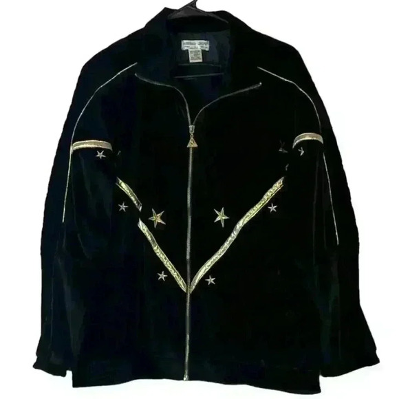 Euro Joy Vintage Velvet Velour Black Jacket Embroidered Gold Stars Size Small - Picture 4 of 8